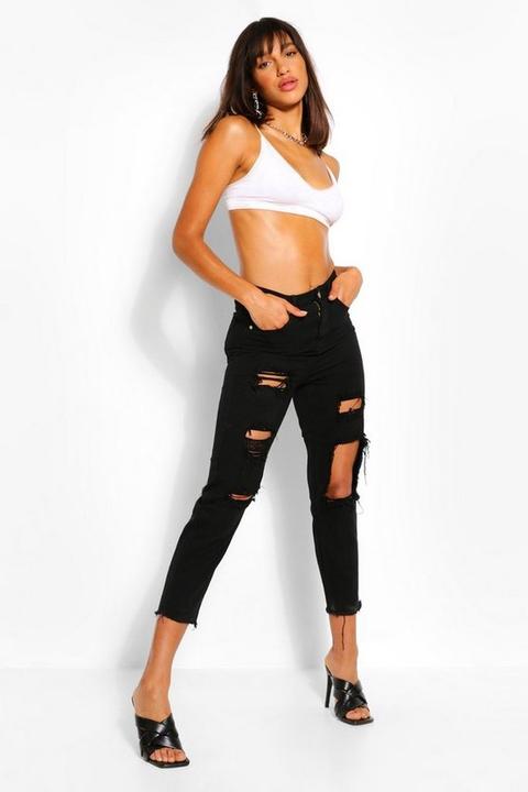 Womens Basics High Waist Super Distressed Mom Jeans - Black - 6, Black