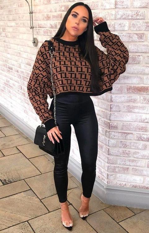 Brown Black Patterned Long Sleeve Crop Jumper - Sienna