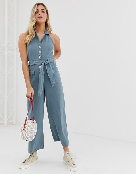 Asos Design - Tuta Jumpsuit A Blazer In Denim Blu Slavato Con Cintura E Allacciatura Al Collo - Blu