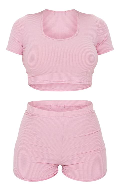 Pink Rib Cropped Tee And Short Pj Set