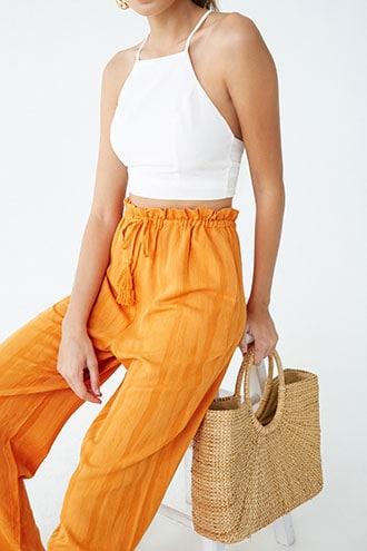 Forever 21 Linen-blend Textured Pants , Orange