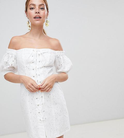 Asos Design Petite - Vestitino Estivo In Pizzo Con Spalle Scoperte E Laccetti - Bianco