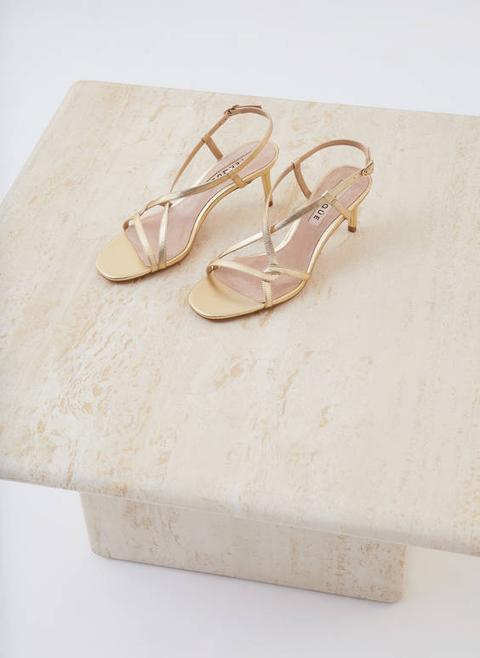 Gold Leather Strap Mid Heel Sandals