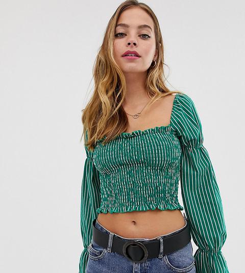 Glamorous Petite Ruched Crop Top With Long Sleeves In Mini Spot