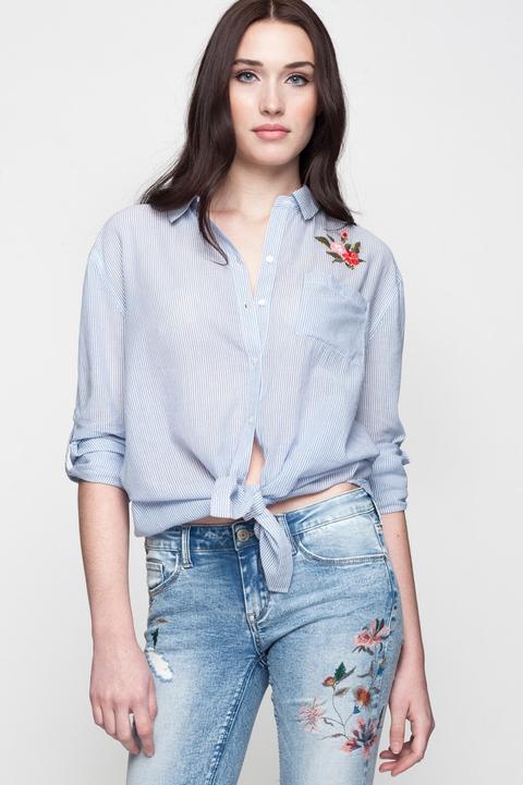 Camicia Lunga A Righe Bianche E Azzurro Con Ricami