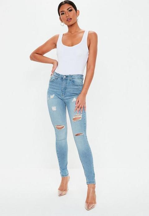 Blue High Waisted Ripped Skinny Jeans, Blue