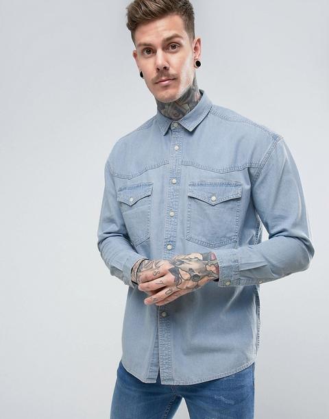 Asos - Camicia Di Jeans Oversize Vintage Candeggiata - Blu