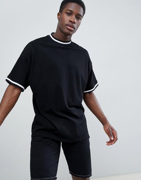 Asos Design - T-shirt Oversize In Piqué Nero Con Profili A Contrasto - Multicolore