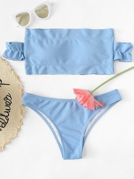 Set De Bikini Tejido De Canalé Con Diseño Fruncido