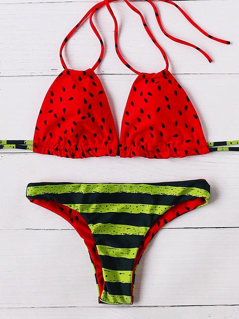 Rosso Anguria Stampa Halter Bikini