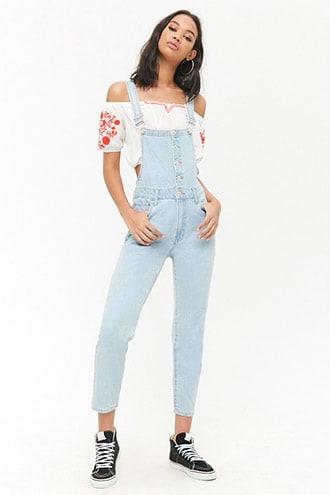 Forever 21 Button-front Denim Overalls Light Denim