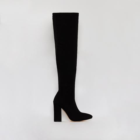 Erin Black Stretch Thigh High Block Heel Boots