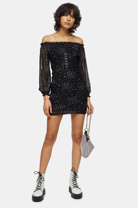 Womens Black Star Bardot Lace Mini Dress - Black, Black