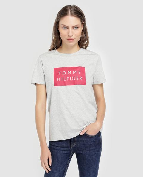 Tommy Hilfiger - Camiseta Gris De Mujer Con Print Delantero