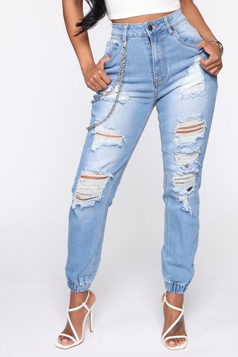 Luna Distressed Denim Jogger - Medium Blue Wash