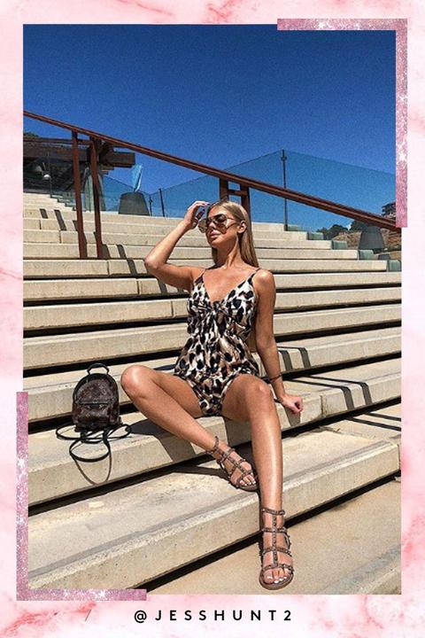 Maya Brown Tie Front Leopard Print Playsuit