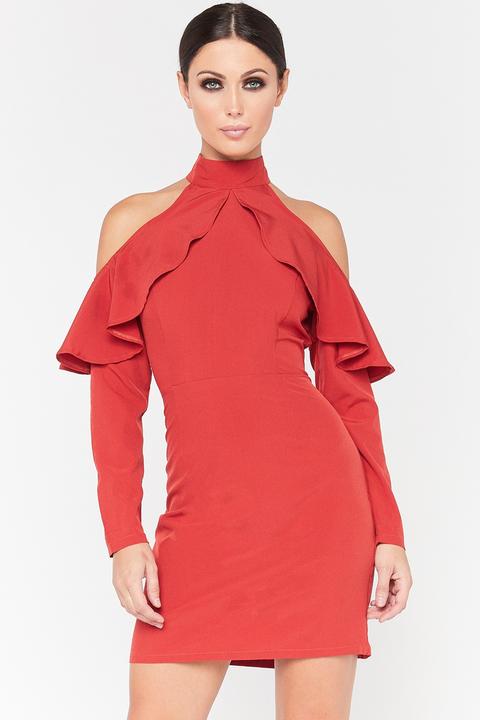 Kendra Red High Neck Cold Shoulder Mini Dress