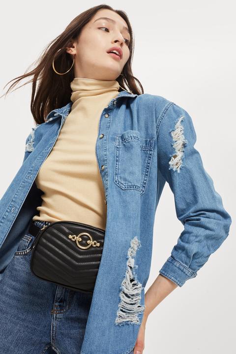 Womens Rip Detail Oversized Denim Shirt - Mid Stone, Mid Stone