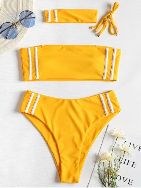 Contrast Stripe Choker Bikini Black Bright Yellow Red Wine