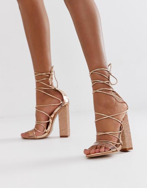 Sandalias De Tacón Con Lazada, Detalle Transparente Y Strass En Dorado Rosa Sparkle De Public Desire