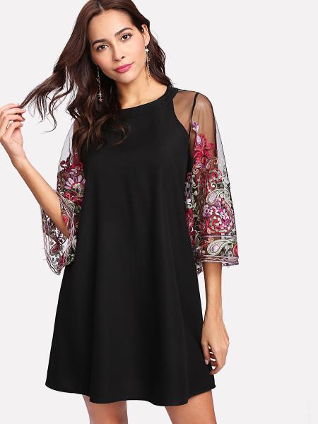 Vestito Con Maniche In Tessuto Ricamato