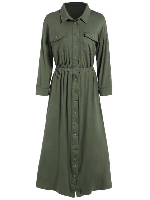 Midi Shirt Military Dress With Pockets