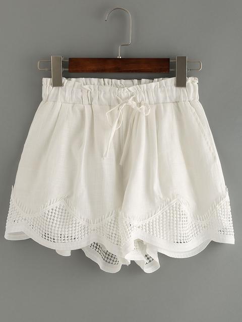 Shorts Cintura Con Cordón Festoneado Ribete De Encaje Blanco