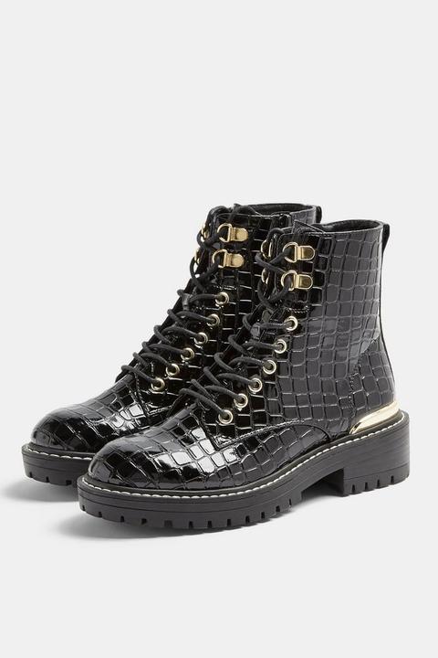 King Black Patent Croc Lace Up Boots