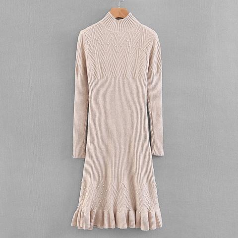 Vestido Suéter Bajo Fruncido Con Perla