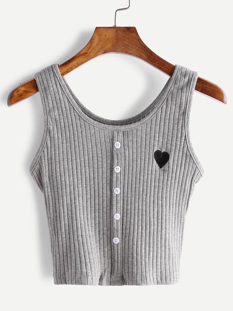 Grey Button Front Heart Embroidered Tank Top