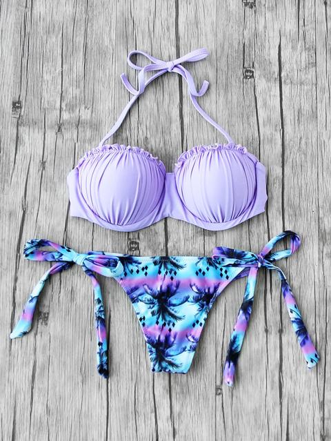 Palm Tree Ruffle Detail Bustier Bikini Set