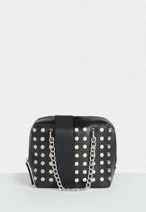 Black Faux Leather Studded Cross Body Bag, Black