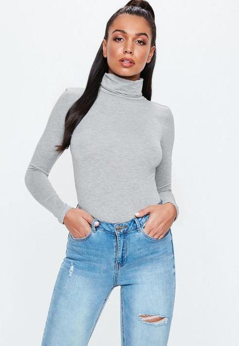 Grey Funnel Neck Long Sleeve Bodysuit, Grey