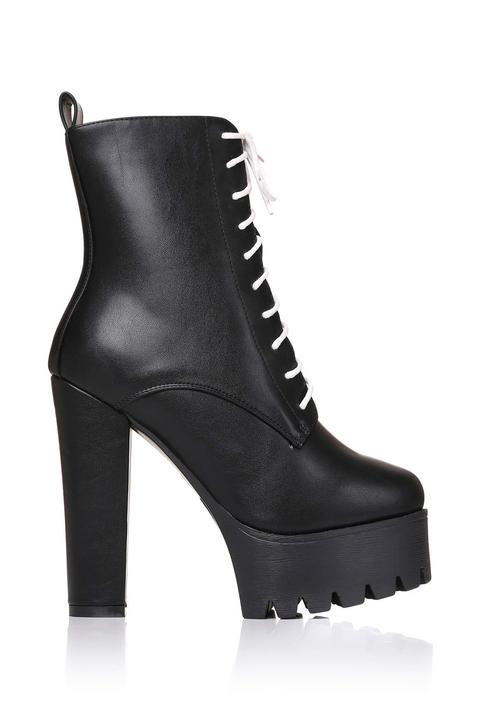 Black Lace Up Heeled Platform Boots