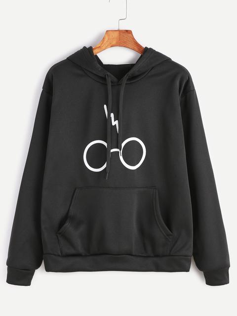 Black Glasses Print Drawstring Hooded Pocket Sweatshirt