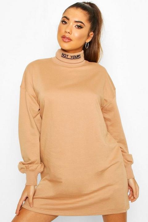 Womens Roll Neck Embriodered Sweatshirt Dress - Beige - 10, Beige