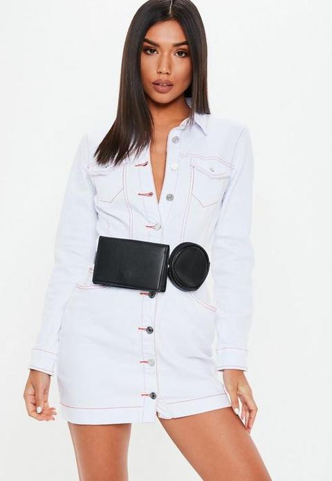 White Button Through Contrast Stitch Denim Dress, White