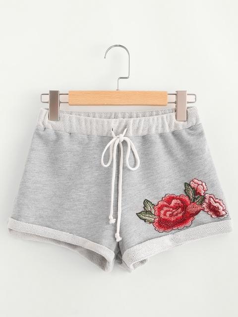 Heather Knit Embroidered Rose Patch Cuffed Shorts