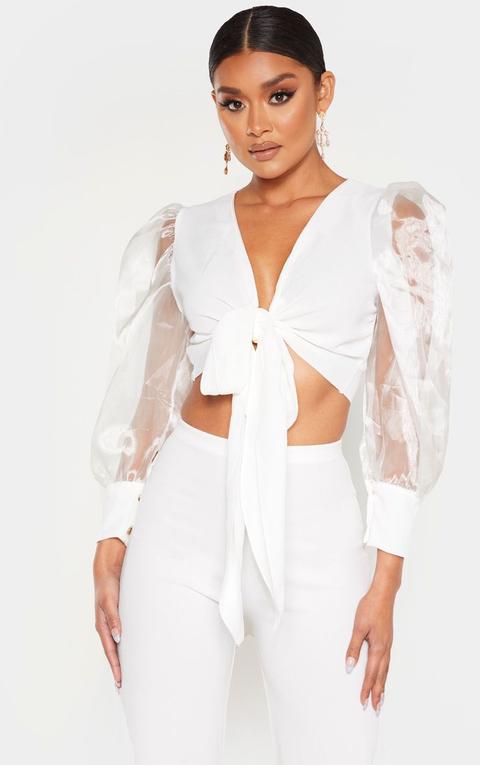 White Sheer Puff Sleeve Tie Front Shirt