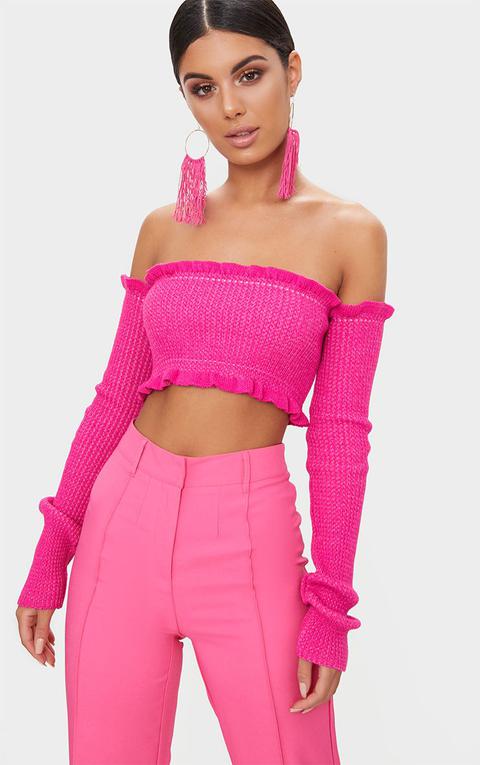 Hot Pink Ruffle Detail Knit Bardot Long Sleeve Top, Hot Pink
