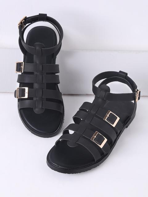 Black Buckle Detail Gladiator Flat Sandals