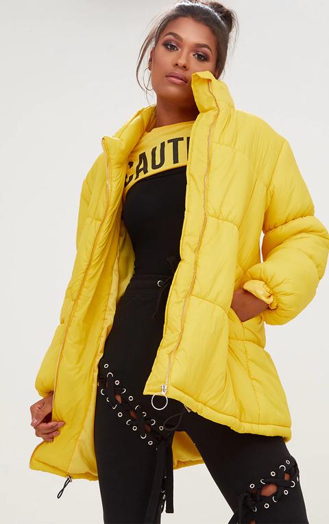 Yellow Ring Pull Longline Puffer Jacket, Yellow