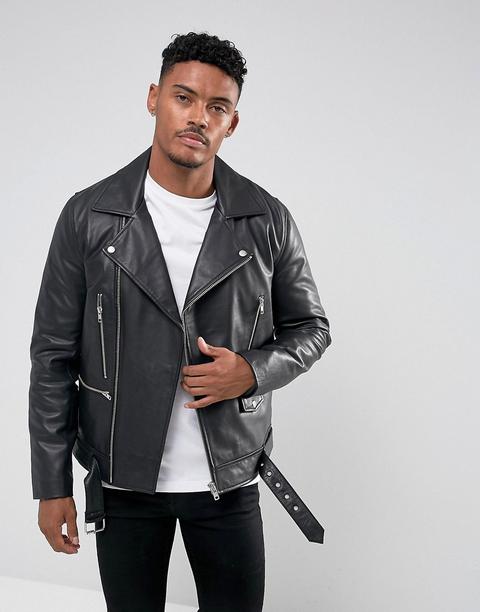 Chaqueta Biker Negra De Cuero Con Cinturón De Asos Design