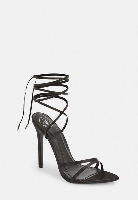 Black Pointed Toe Lace Up Barely There Heels, Black