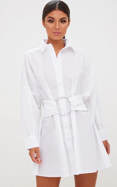 White Ring Waist Detail Shirt Dress, White