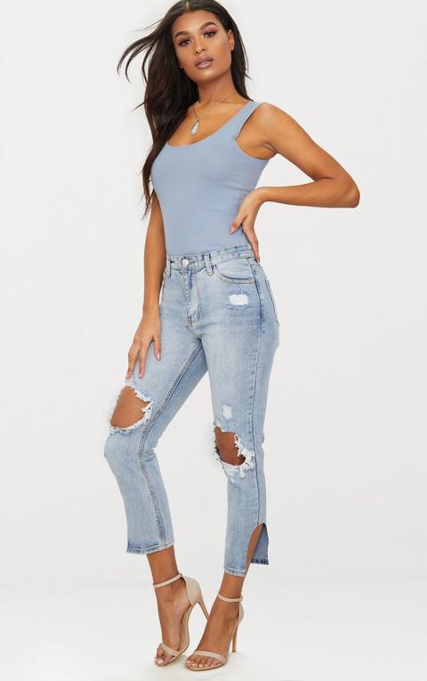 Light Wash Distressed Cut Away Hem Straight Leg Jean