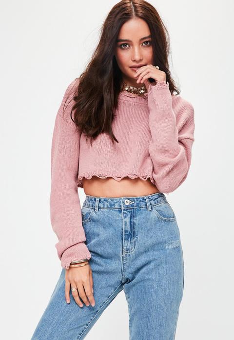 Pink Distressed Cropped Jumper, Pink
