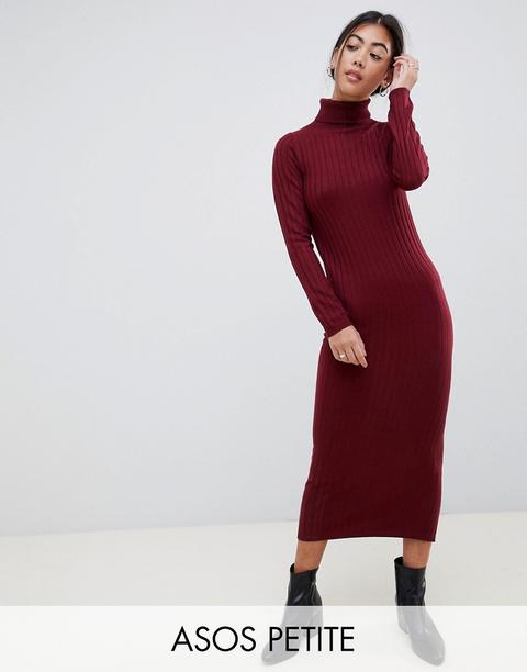 Asos Design Petite - Vestito Midi A Coste A Collo Alto - Rosso