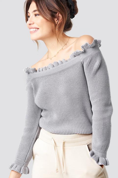 Ruffle Off Shoulder Knitted Sweater Grey