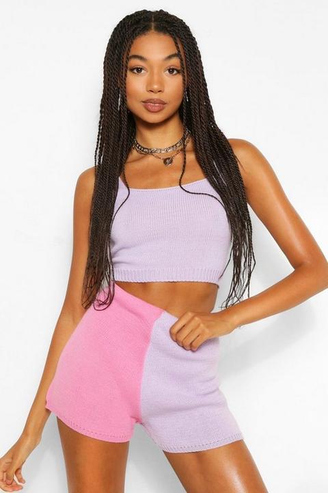 Womens Colour Block Knitted Shorts Co-ord - Purple - L, Purple